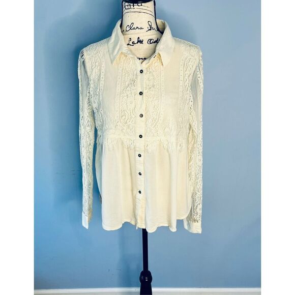 Coco & Jaimeson Women’s L Lace High Low Button Down Shirt Ivory Long Sleeve - Picture 10 of 11